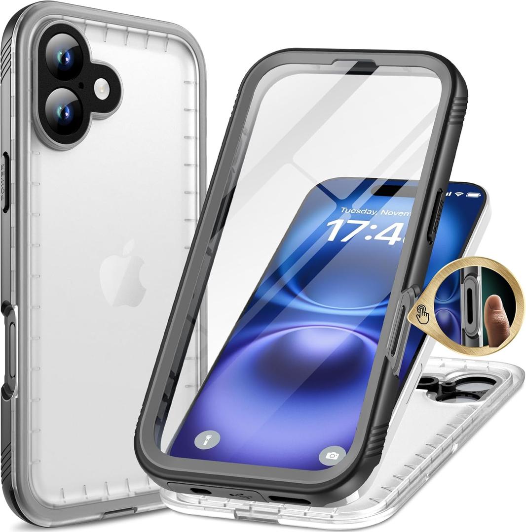 Cozycase for iPhone 16 Plus Case Waterproof - 360 Heavy Duty with Screen/Camera Protector Shockproof IP68 Underwater Dustproof Water Dust Shock Proof Full Body/Front and Back Case Black/Frosted Clear