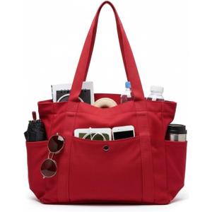 Medium Canvas Tote Bag with Zipper & Multi-Pocket, Heavy Duty Reusable Canvas Purse for Women Men Work Handbag