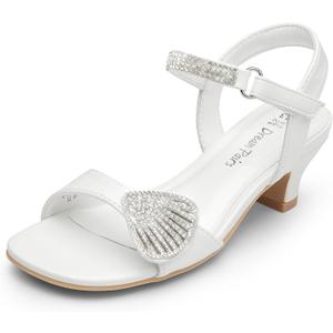DREAM PAIRS Girls Sandals Ankle Strap Square Toe Low Heel Crystal Shell Wedding Party Flower Dress Shoes for Little Kids/Big Kids (White)