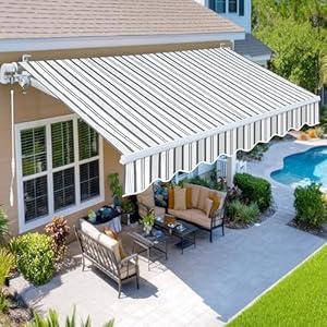 Paramondo 13.1'x9.8' Patio Awning Retractable Fully Assembled, Manual Sunshade Shelter Outdoor Deck Canopy Balcony Awning Cover - Premium Quality 280G Ployester Aluminum Frame, Grey with White Strips