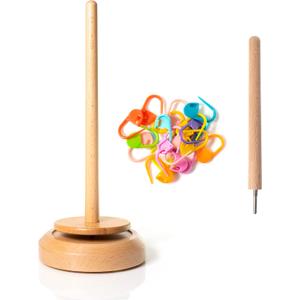 Birdtown Traders Single Yarn Spindle Holder - Thread Spinner Organizer for Knitting, Crocheting - Complete with 20 Piece Colorful Stitch Markers