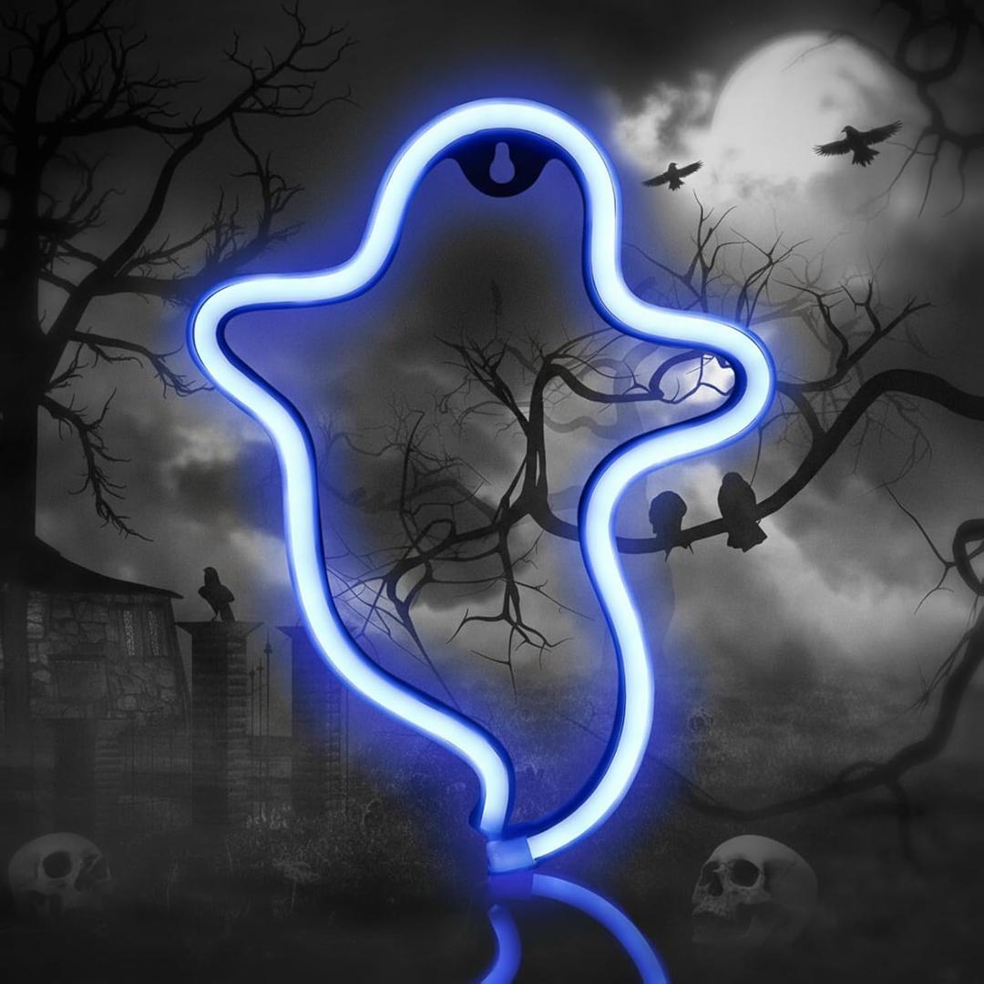 Neon Ghost Sign LED Neon Light Halloween Decoration Ghost Indoor Night Light with Battery or USB Power for Bedroom Birthday Party Wedding Blue
