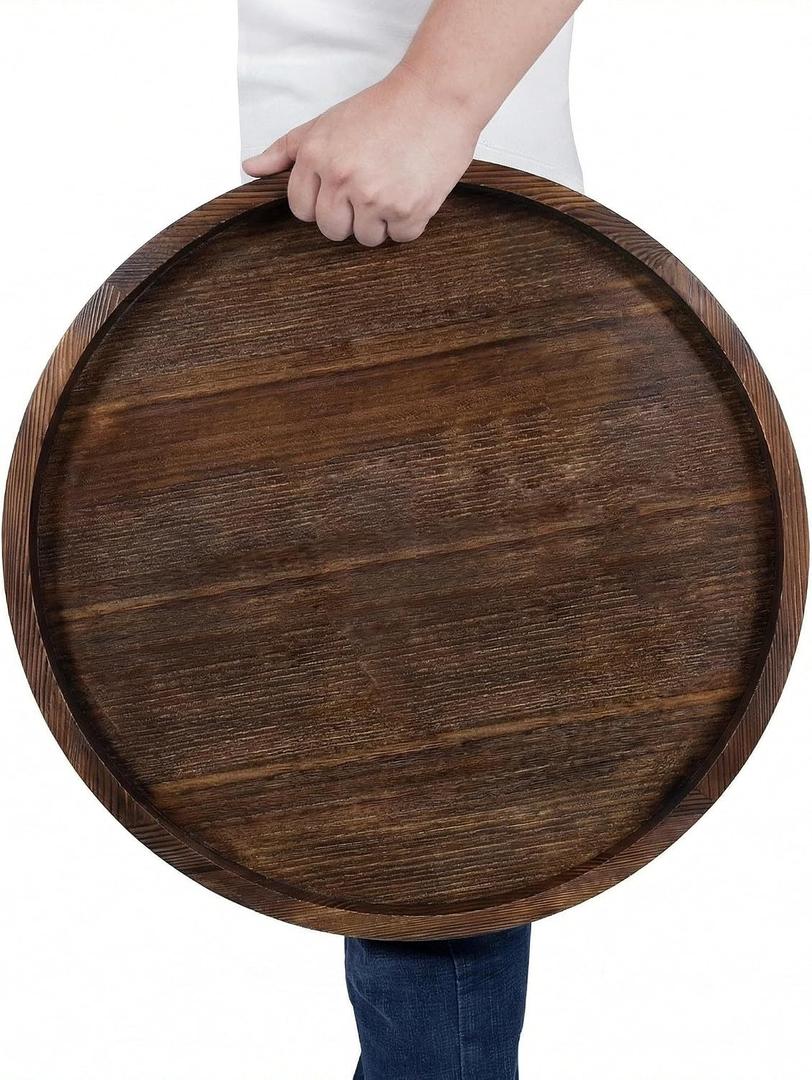 Round Ottoman Tray for Coffee Table Living Room Wood Serving Tray Large Wooden 24 Inches Rustic Brown