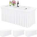 Table Skirt for 6ft Tables Spandex White Table Cover with Skirt 3 Packs Stretchy Tablecloth Wrinkle-Resistant Ruffles Elastic Table Covers for Wedding, Banquet, Birthday Parties