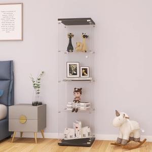 LFT HUIMEI2Y Glass Display Cabinet 4-Shelf with Door and Lock, Curio Cabinets Upgraded Quick-Install Style Tempered Glass Floor Standing Bookshelf for Bedroom, Living Room 65x 17x 14 Black