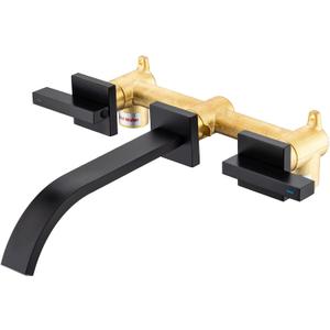 Brass Wall Faucet Matte Black Wall Mounted Bathroom Faucet, Wall Mount Bathroom Sink Faucet, Dual Lever Handle, Rough-in Valve Included, Pt001-MB