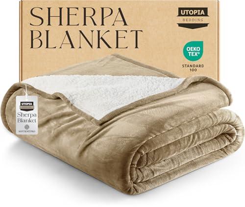 Utopia Bedding Sherpa Blanket Queen Size (Color: Camel, 90x90 Inches) - Soft Lightweight Plush Fleece Reversible Blanket for Bed, Sofa, Couch, Camping and Travel