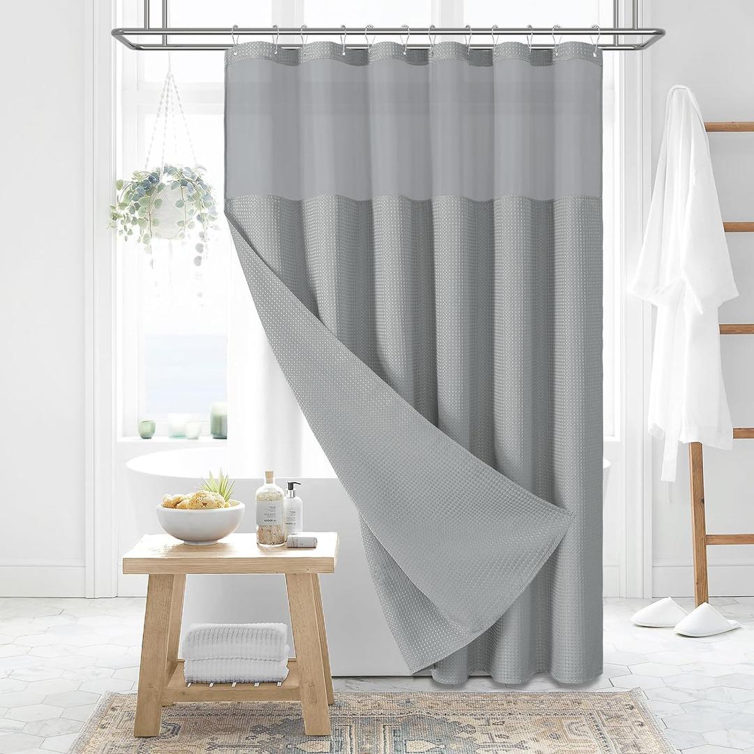 Dynamene Extra Long Shower Curtain, 84 Inch Long Waffle Fabric Shower Curtain for Bathroom, Tall Waterproof Cloth Shower Curtain Liner Set with Hook, Snap in Liner, Mesh Top Window, Dark Grey, 72x84