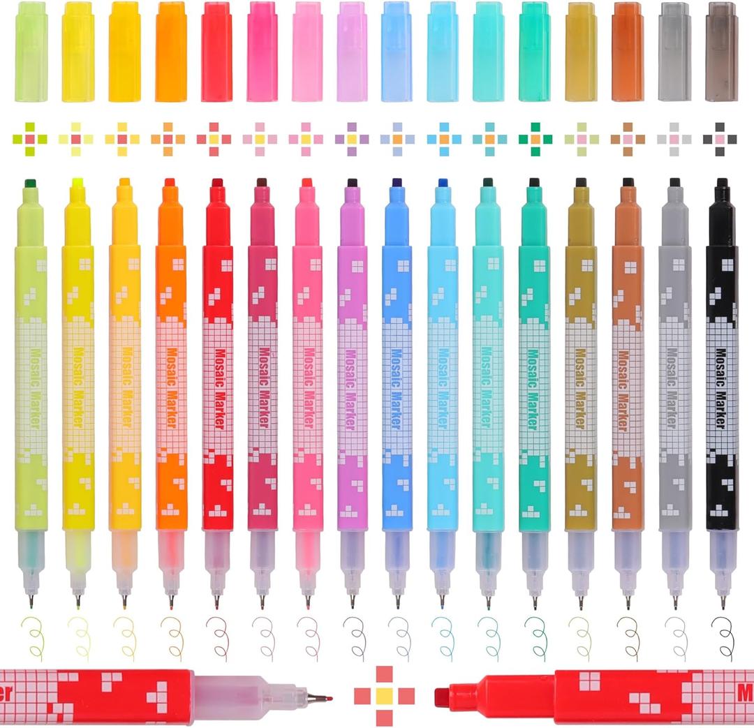 16Colors Dual Tip Fineliner Pens and Markers, 0.38mm Metal Clad Tip Gel Pen and Square Dot Stamp Pixel Markers,Assorted Colors Drawing and Coloring Pens for Kids and Adults Christmas Gift