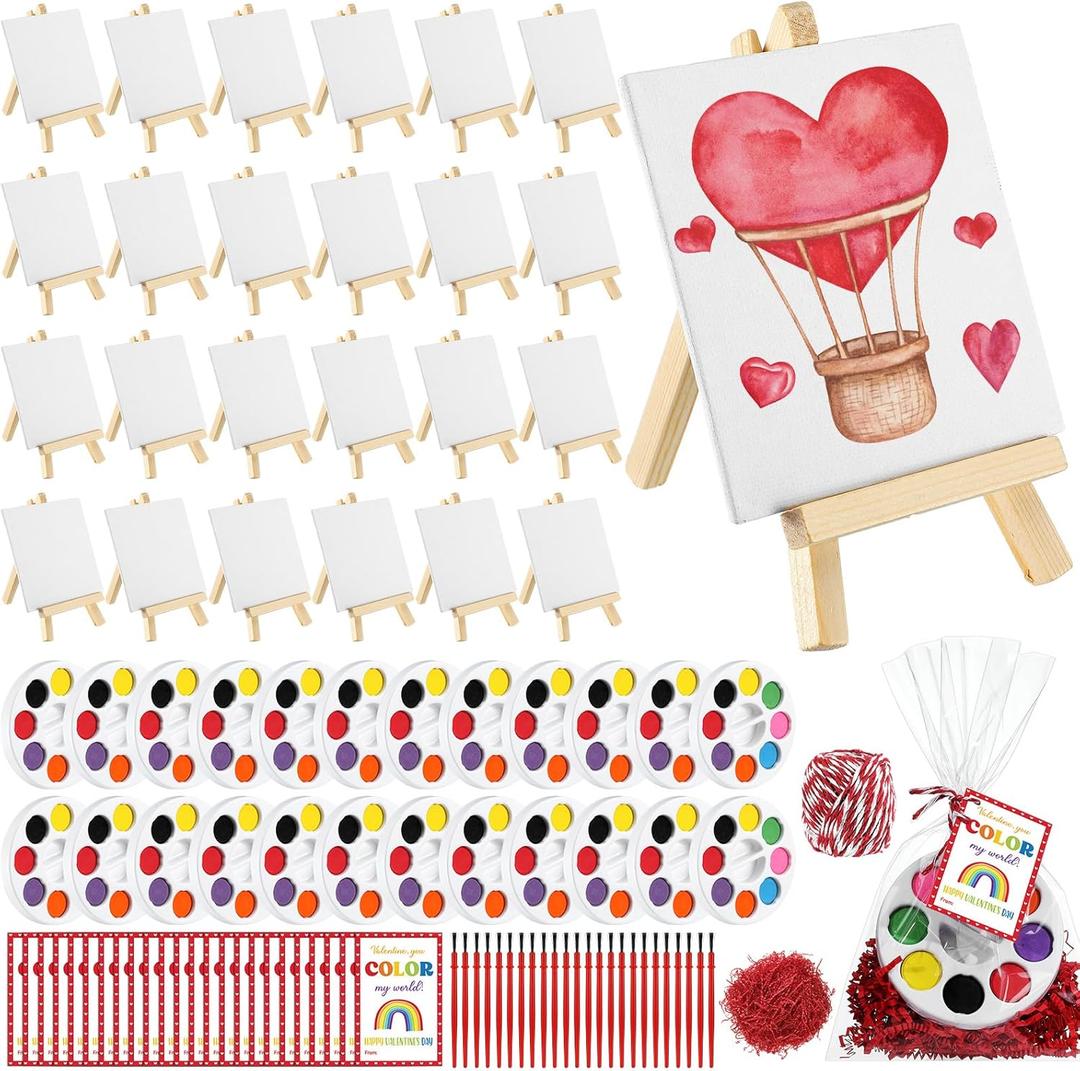 Wonderjune 146 Pcs Valentine's Gift Mini Painting Set - Watercolor Paints with Valentines Cards Easel, 8 Colors Watercolor Paints for Valentine Party Favor Exchange Gifts Art Supplies