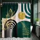 Dark Green Shower Curtain Boho Mid Century Modern Emerald Hunter Green and Gold Shower Curtains for Bathroom Decor, Waterproof Cloth Fabric with Hooks, 70" W x 84" L