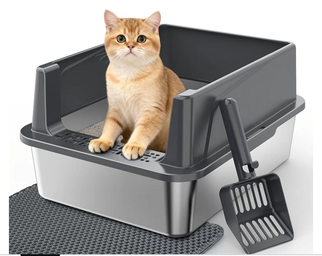 Stainless Steel Cat Litter Box with Lid, High-Sided Metal Litter Pan for Small Cats, Kitty Litter Box, Non-Stick & Odor-Resistant, Anti-Urine Leakage, Easy to Clean, Scoop Included