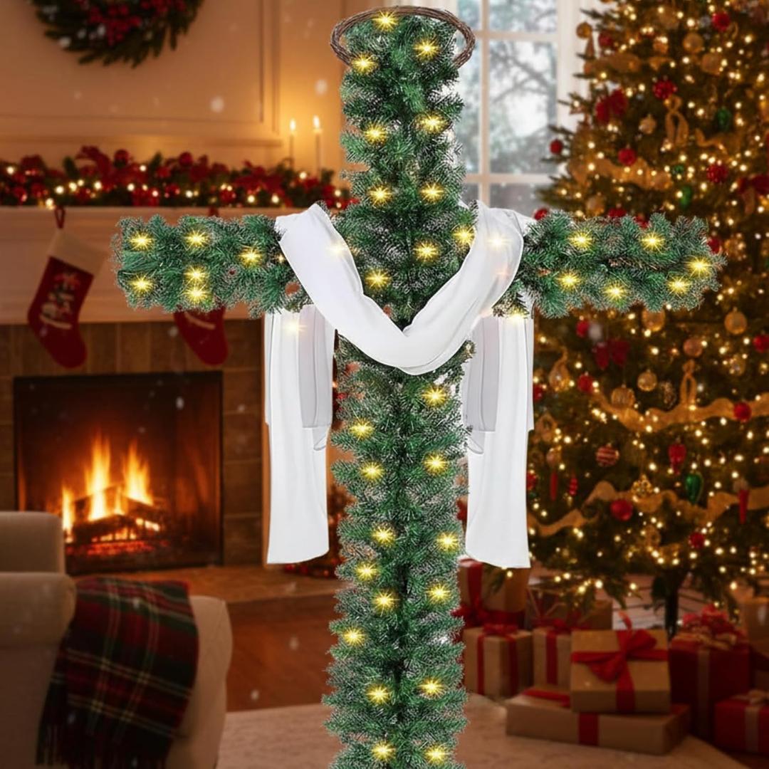 5ft Christmas Cross Tree with LED Lights, Silk Scarf, Christ Crown for Christian Christmas Decoration Outdoor Nativity Scene Catholic Cross Holy Xmas Tree Yard Home Church Decor(Classic)
