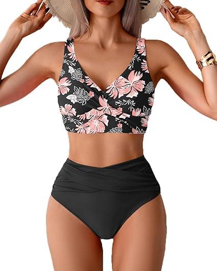 Fanuerg Women High Waisted Bikini Sets V Neck Cross Twist Front Two Piece Swimsuit Tummy Control Bathing Suit (Large, Black Floral)