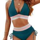 Blooming Jelly Women High Waisted Bikini Sets Tummy Control Swimsuits Color Block Two Piece Drawstring Bathing Suit, Navy Blue,  Small