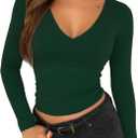 ForeFair Womens Casual V Neck Long Sleeve Shirts Going Out Double Lined Crop Tops Slim Fitted Basic Tee (X-Small, Dark Green)