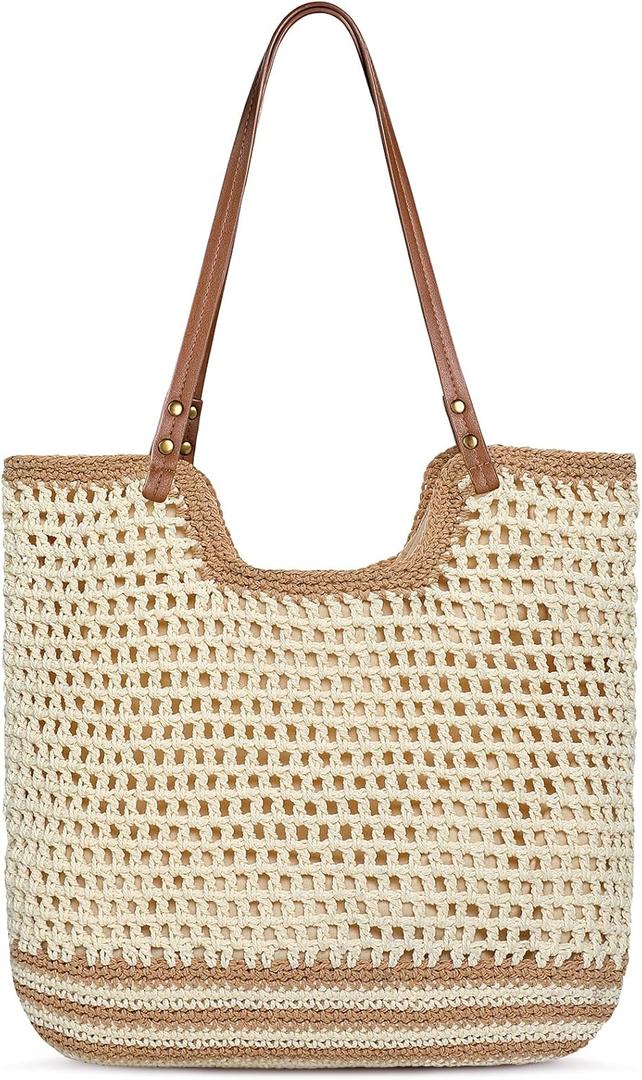Pleneal Crochet Beach Bags for Women, Summer Beach Tote Bag, Soft Woven Purses Shoulder Bag for Vacation (Cream)