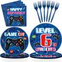96 Pcs 6th Video Game Birthday Party Decorations Blue Video Game Level 6 Birthday Plates and Napkins Tableware Sets for Kids Boys 6 Years Old Gamer Gaming Party Supplies Favors Serves 24