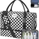 WOOMADA Weekender Overnight Bag for Women, Carry on Shoulder Travel Duffel with Shoes Compartment,Gym Bag with Toiletry Bag (Black Checkerboard)