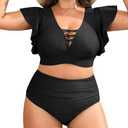 Plus Size Bikini Two Piece Swimsuit - Women High Waisted Tummy Control Bathing Suit with Sleeve Swimwear 2025 Size 14W