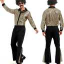 70s Disco Outfit for Men 70s Costume with Retro Shirt Bell Bottom Pants Wig Sunglasses Necklace Mustache (Black, XXXL)