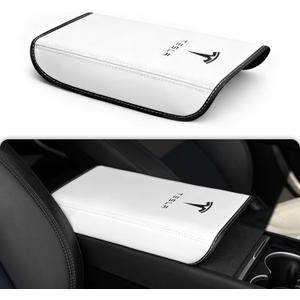 Polwlamks Center Console Armrest Cover for Model Y/Model 3, Soft Leather Pad Armrest Protector Armrest Box Cushion Compatible with New Tesla Refresh Model Y (2020-2026) / Model 3 (2019-2025) (White with Patterns)