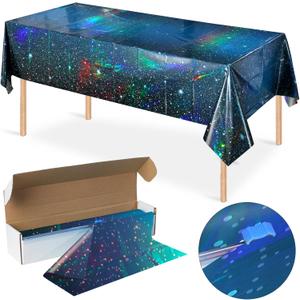 100Feet X 54 Inch Roll Iridescent Space Tablecloths Disposable Plastic Blue Galaxy Table Cloth Rectangle Roll Table Covers for Space Starry Night Star Theme Party Birthday Party Decorations