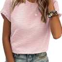 SHEWIN Womens Summer Tops Crewneck Short Sleeve T Shirts Casual Textured Work Shirt Loose Blouses (Pink, XXL)
