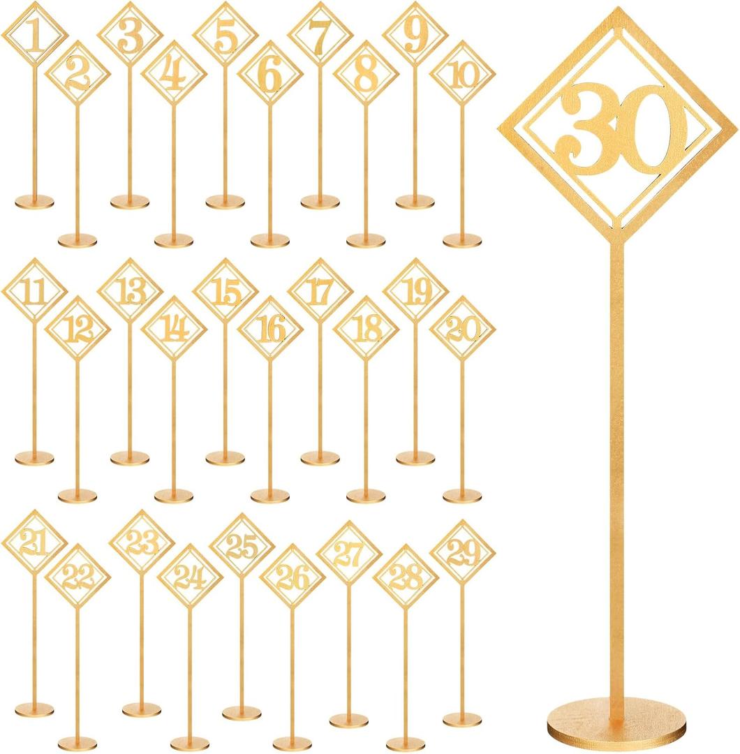 Elegant Lineshading 30-Piece Wooden Table Numbers - Rustic Gold Wedding Seat Numbers with Holders for Reception, Party & Event