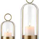 5"&4" Hurricane Glass Candle Holders - Glass & Brass Metal Candle Holder for Pillar Candles, Decorative Table Coffee Table Decor, Gold Hurricane Candle Lanterns Cloche for Anthropology Fall Decor