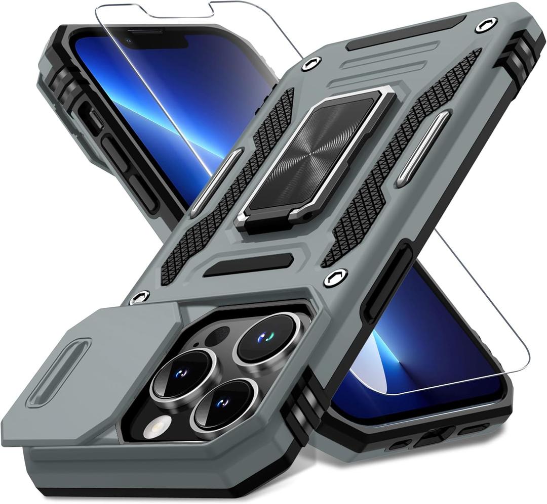 DEERLAMN Case for iPhone 13 Pro with Slide Camera Cover+Screen Protector(1 Pack),Rotated Ring Kickstand Military Grade Shockproof Protective Cover-Grey
