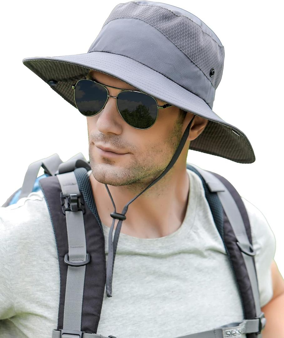 Koreshion Mens Sun Hat Wide Brim Breathable Mesh UPF 50+ Bucket Hat Waterproof Fishing Hat Quick-Drying Safari Hat Foldable Boonie Cap Outdoor Sun Protection Cap Deep Gray