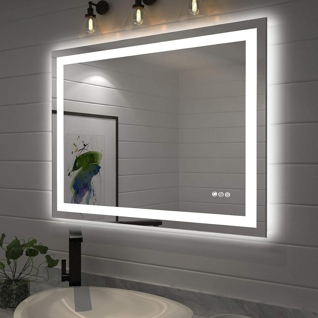 Amorho LED Bathroom Mirror 40"X32" with Front and Backlit, Stepless Dimmable Wall Mirrors with Anti-Fog, Shatter-Proof, Memory, 3 Colors, Double LED Vanity Mirror (Horizontal/Vertical)