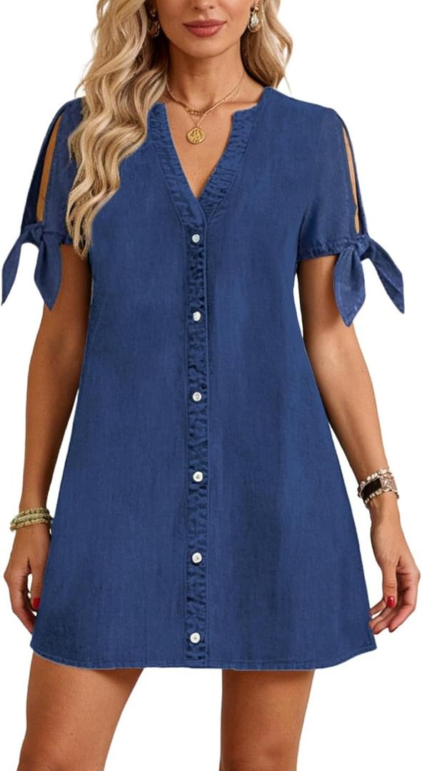 Denim Dress for Women 2026 Summer Casual Cowgirl Blue Jean Dress Tied Sleeves Button Down Shirt Dresses with Pockets (L)