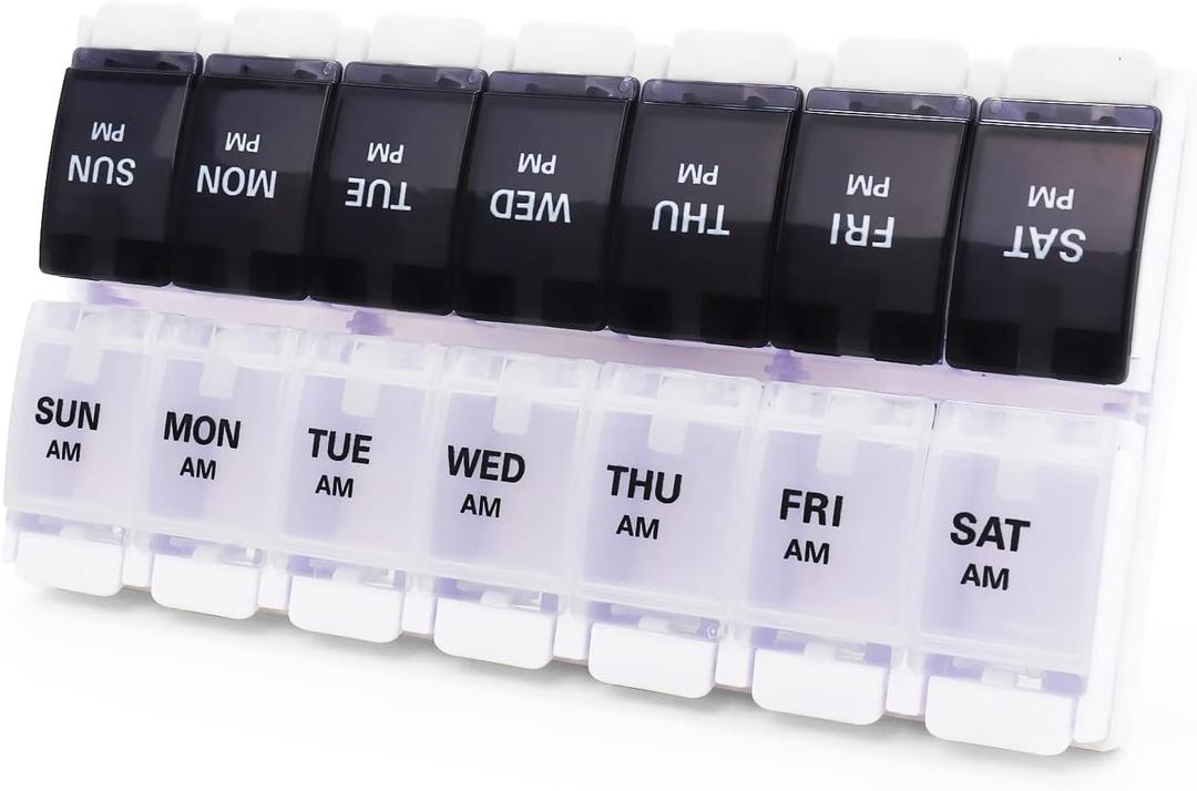 Large Pill Boxes and Organizer 2 Times a Day, MOLN HYMY 7 Day AM PM Pill Case, 14 Compartments Pill Dispenser to Hold Big Vitamin Supplements Fish Oil (Black+White)