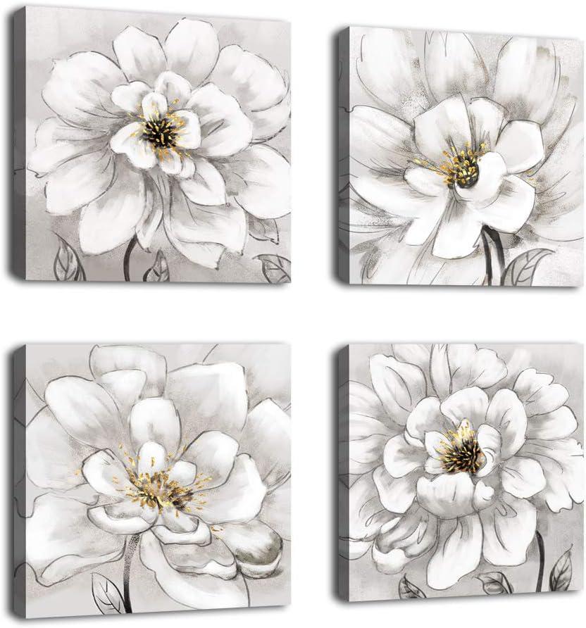 Flowers Wall Art Bathroom Wall Decor Abstract Botanical Picture Contemporary Wall Art Prints Bedroom Living Room Kitchen Office Home Decor Modern White Flower Canvas Artwork 12" x 12" x 4 Pieces