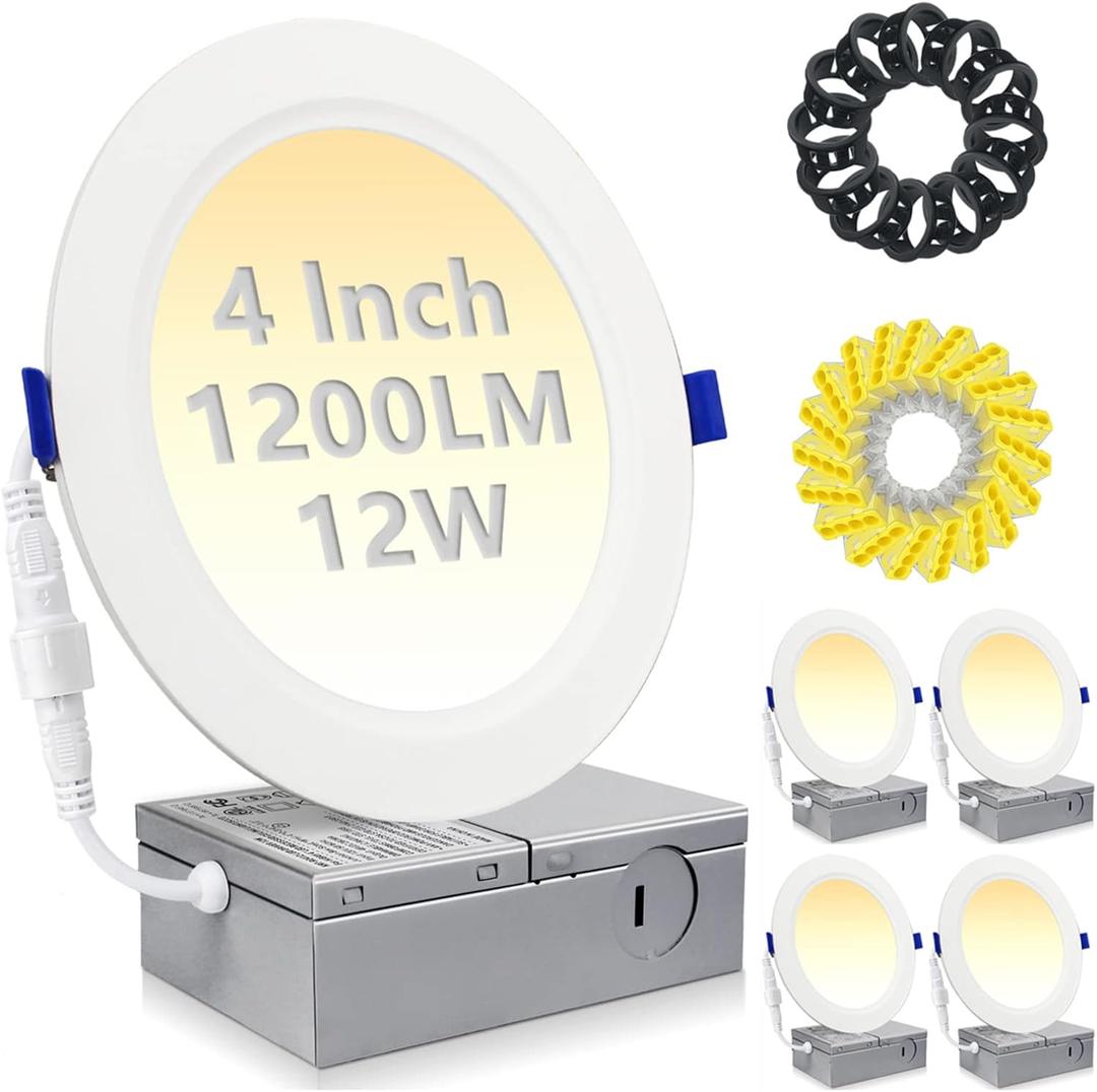 HiBay 4 Pack 4 Inch LED Recessed Ceiling Light with J-Box, 1200LM 12W 150W Eqv, 5000K Daylight Recessed Lighting Fixtures, Dimmable Canless Downlights - ETL and Energy Star Certified
