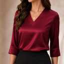 Women Silk Satin Tops 3/4 Length Sleeve Shirts Dressy Casual Blouse V Neck Business Casual Outfits (Red, M)