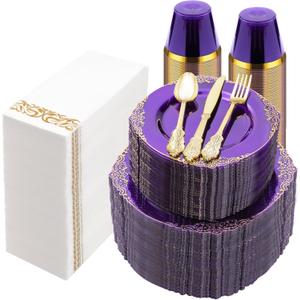 700PCS Clear Purple Plastic Plates for 100 Guests, Disposable Plate with Gold Trim include 100 Dinner plates, 100 Dessert Plates, 100 Gold Silverware, Cups and Napkins for Party, Graduation