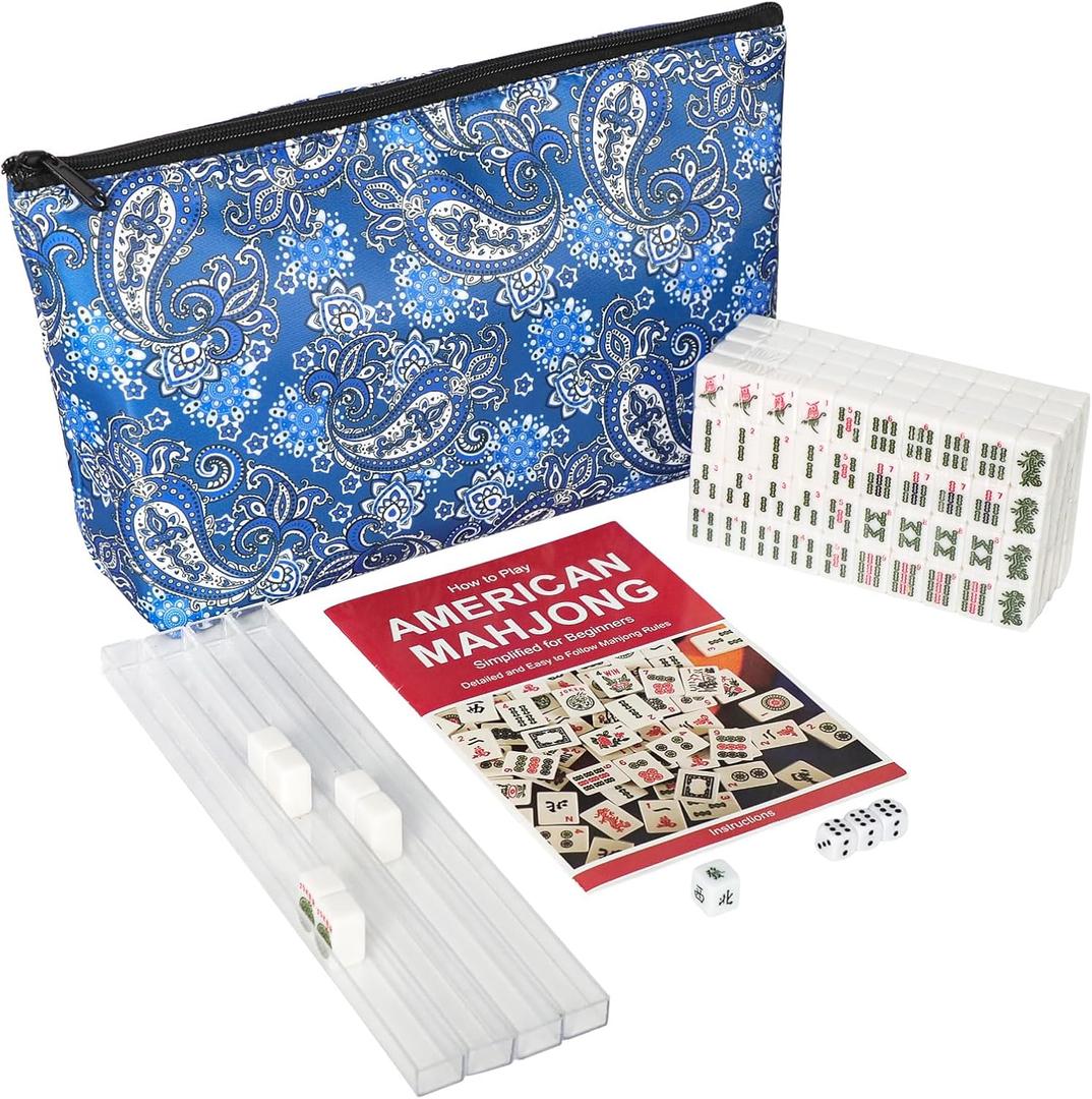 GUSTARIA Mini Mahjong Set, American Mahjong Game Set with 166 White Tiles (0.8’’), 4 Racks & Thickened Blue Printed Bag, Portable Travel Mahjong Tiles Set
