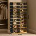 SYNCVIBE Foldable Shoe Rack Organizer - 9 Tiers 36 Pairs Shoe Shelf with Doors, Large Collapsible Shoe Cabinet, Folding Plastic Storage Boxes, Easy Assembly Shoe Storage Bins for Entryway, Black Gold