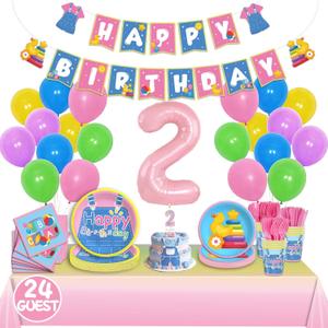 English Teacher Party Supplies, Fufuddz Rainbow Birthday Decorations Cartoon Teacher Party Plates and Napkins for Girls Boys 2nd Birthday Banner Balloons Tablecloth Candle, Tableware Set for 24 Guests