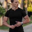 Agilelin Men's Muscle Short Sleeve Shirts Slim Fit V Neck T-Shirts (Black, L)