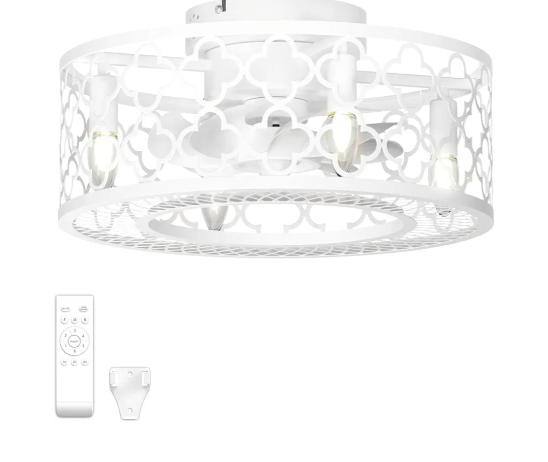 Coolbull White Caged Ceiling Fans with Lights and Remote Outdoor Enclosed Bladeless 18 Inch Low Profile Flush Mount Fixture Small Fandelier LED Ceiling Fan Light for Kitchen Farmhouse Bedroom