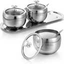 3 Grids 304 Stainless Steel Seasoning Containers Set with Lid Spoon and Tray, Condiment Jar Spice Container, Condiment Canisters Pots for Serving Sugar, Pepper, Salt, Spice