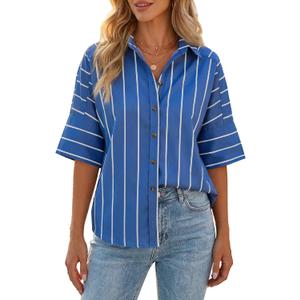 Cicy Bell Women Striped Button Down Shirt Short Sleeve Collared Blouse Tops (M)
