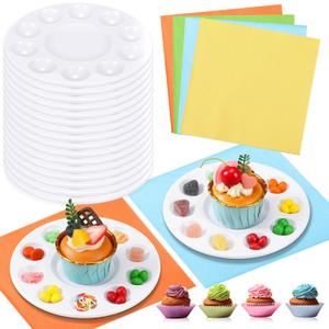 Faccito 20 Set Cupcake Decorating Plates with Napkins for Art Paint Party Paint Tray Palettes for Birthday Party Supplies