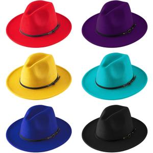 Hercicy 6 Pcs Fedora Hats for Women Men Felt Wide Brim Hats Vintage Boho Hat with Belt Buckle Panama Hat, One Size