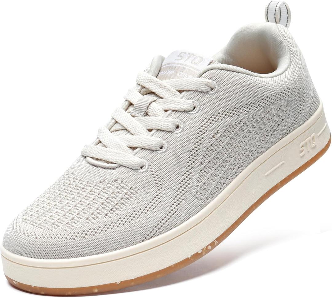 STQ Womens Lace Up Fashion Sneakers Business Casual Shoes | Breathable Mesh Upper Walking Shoes (6, Beige)