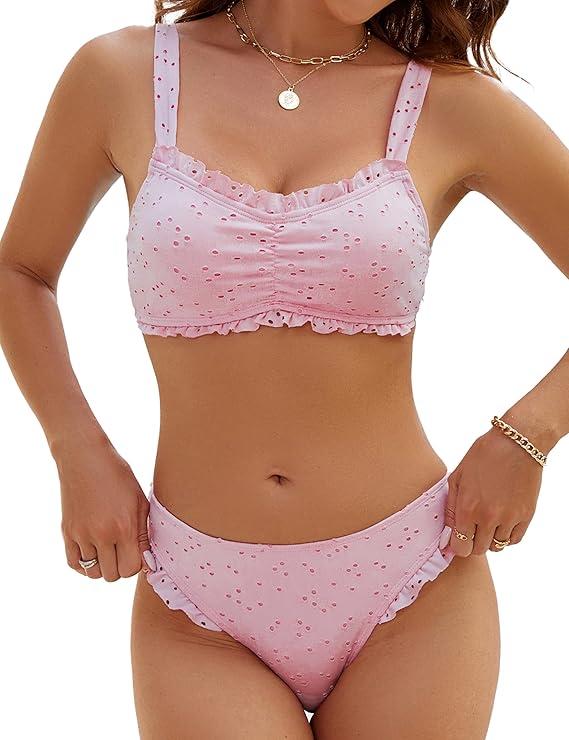 Blooming Jelly Bikini Sets for Women Ruched Bandeau Ruffle High Cut Eyelet Swimsuit 2 Piece Adjustable Strap Bathing Suits, Size S
